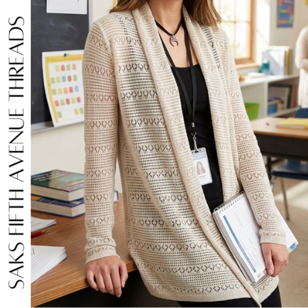 Saks Fifth Avenue Threads Linen Crochet Cardigan S Waterfall Open Front